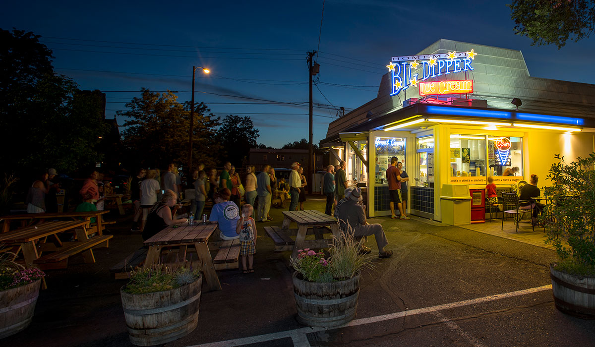 Missoula’s famous Big Dipper Ice Cream shop, located on the Higgins Avenue Hip Strip, bustles with business on a July Saturday night.