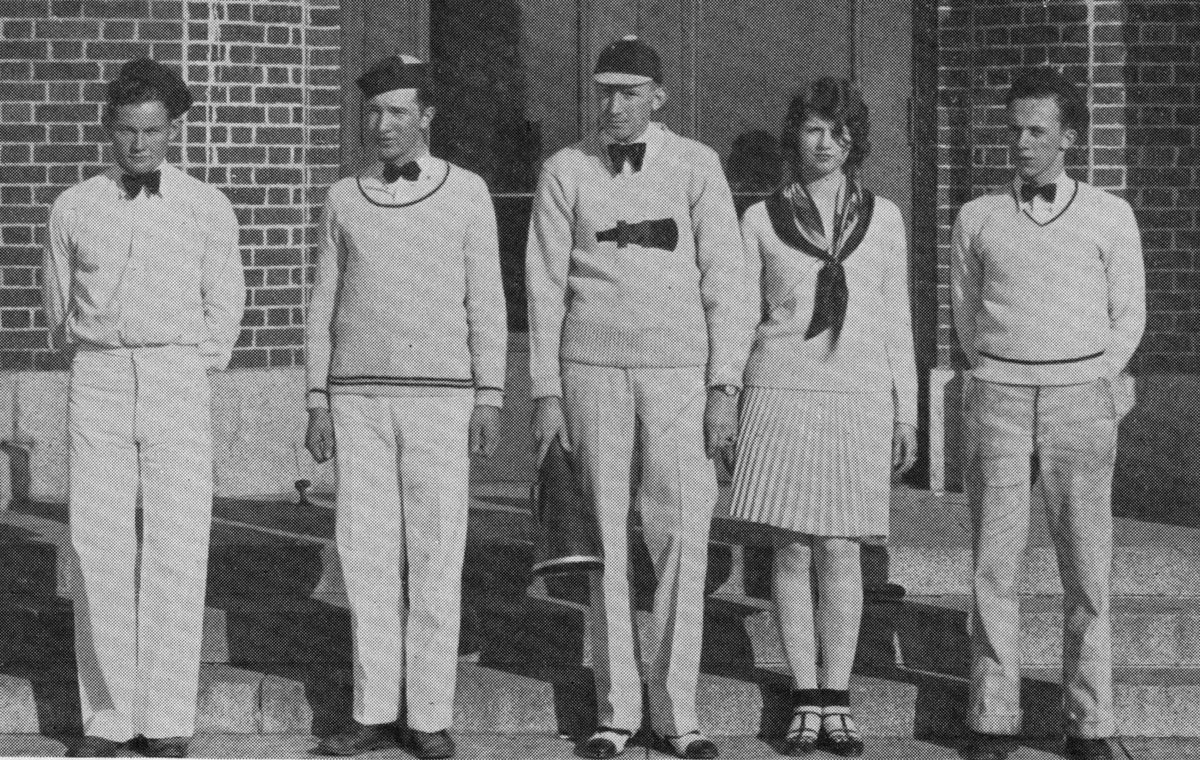 UM’s 1929 Yell King Nelson Fritz, center, and his Yell Dukes and Duchess, from left: Billie Burke, Alexis Anderson, Edith Conklin and George Husser.