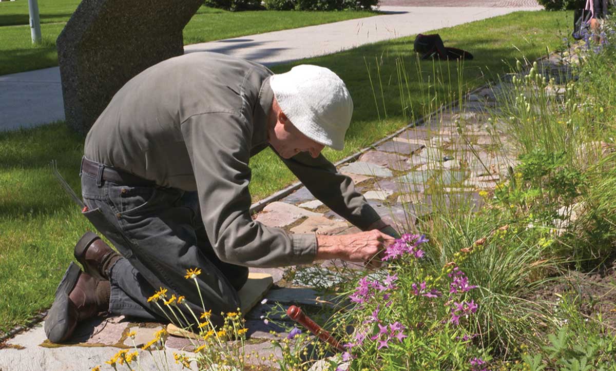 Peter Stickney, a retired U.S. Forest Service ecologist, still devotes time to keeping weeds out of the bunchgrass prairie section of the garden.