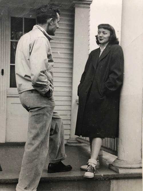 McGee meets her future husband Fred Moody ’49, Marine vet and Sigma Nu alum, on the steps of the Theta House after the invasion of Iwo Jima in 1945. This photo was taken by fellow Theta sister Margery Hunter Brown ’50, M.A.’53, J.D.’75, who later became one of the first women to enter UM’s law school and established the Indian Law Clinic.