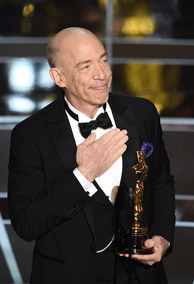 J.K. Simmons ’78 gives a potent acceptance speech on the stage of Hollywood’s Dolby Theatre during the 87th Academy Awards ceremony in February. Photo by Robyn Beck/AFP/Getty Images.