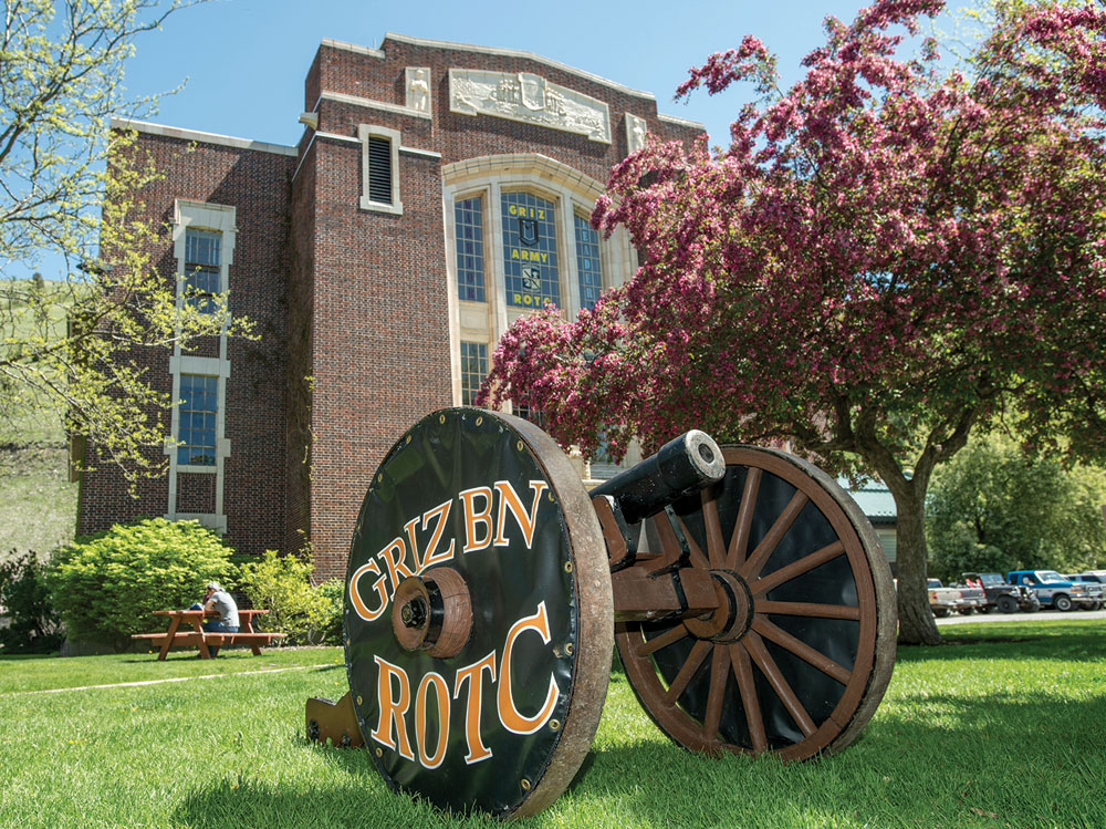 The Grizzly Battalion ROTC cannon sits in front of Schreiber Gymnasium.