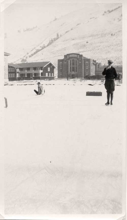 Harry Stuber skates in front of the old gym. 