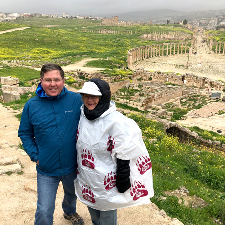 Myra Shults ‘64 and Gary Swartz ’73 show off their Griz pride in Jerash, Jordan, in March. They were in Jordan following a two-week trip to Egypt with Ambassador Mark Johnson sponsored by the Montana World Affairs Council.