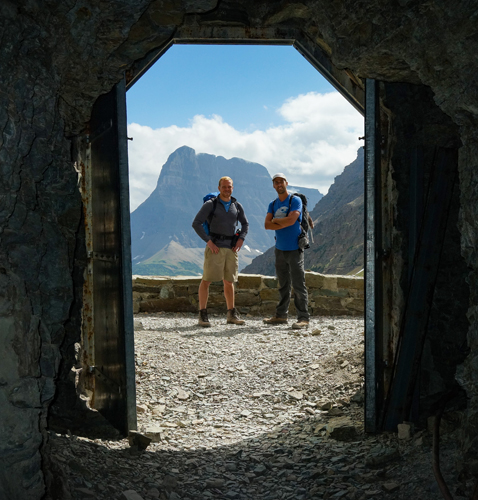 Smith, left, and Steward stand outside Ptarmigan Tunnel in Glacier National Park. Photo courtesy of Tremendous! Entertainment 