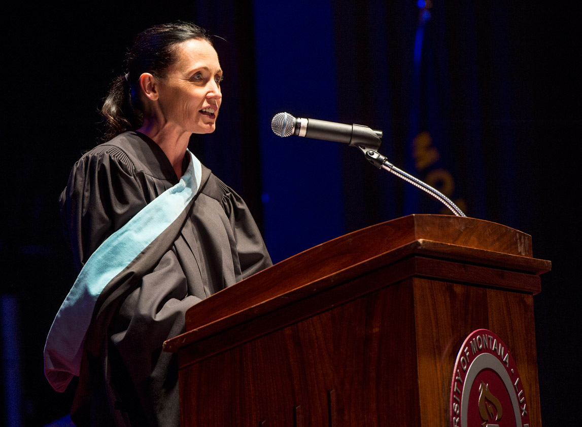 Angela McLean, now Montana’s lieutenant governor, speaks at the Dennison Theatre during a September 2013 ceremony where former U.S. Supreme Court Justice Sandra Day O’Connor was conferred with an Honorary Doctorate of Laws, UM’s highest honor.