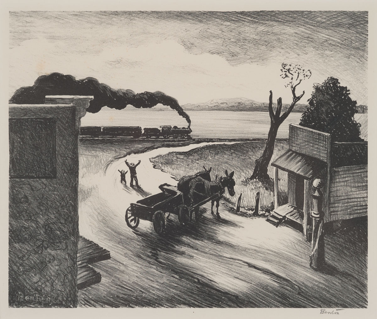 Thomas Hart Benton (American, 1889-1975), Edge of Town, 1938, lithograph, edition of 250, 9 x 10¾ inches, on permanent loan, courtesy of the Fine Arts Program, U.S. General Services Administration