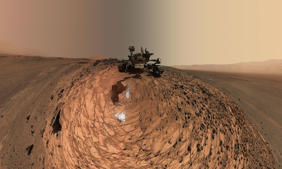 This self-portrait of Curiosity shows the vehicle in the Marias Pass area. Curiosity’s camera took dozens of images that were stitched together into this sweeping panorama.