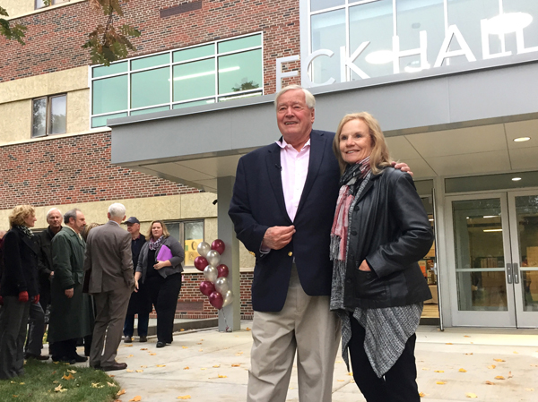 Dennis and Gretchen Eck celebrate the new entrance to Eck Hall. The Ecks generously supported renovations to the Liberal Arts Building with other major gifts to UM.