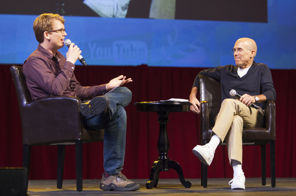 UM graduate Hank Green, left, chats with Jeffrey Katzenberg, chief executive officer and co-founder and of DreamWorks Animation SKG, at VideoCon 2014 in Anaheim, Calif., this past June. (Photo by Jim Davidson)