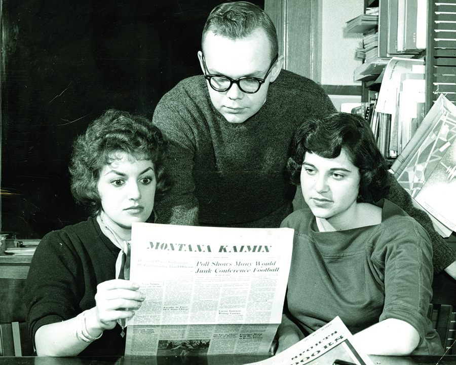 This December 1958 Kaimin photo’s caption reads: “Society editor Karen Zender (left) appears wide-eyed at what she sees in the Kaimin, but editor Ted Hulbert and Vera Swanson take it in stride.” (RG 06-5-7 Archives and Special Collections, Mansfield Library, University of Montana)