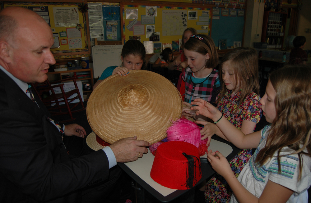 Students explore hats from around the world at Lewis and Clark Elementary School in Missoula. 