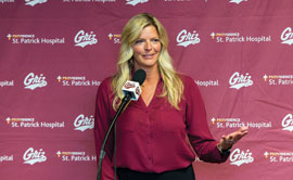 New Lady Griz basketball coach Shannon Schweyen answers questions at a press conference in August.