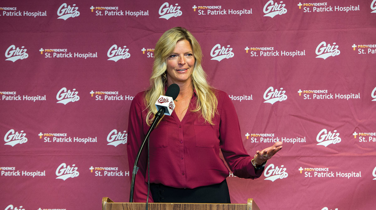 New Lady Griz basketball coach Shannon Schweyen answers questions at a press conference in August.