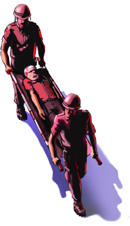 Illustration of veterans carrying stretcher. (Illustration by Brian Blunt)