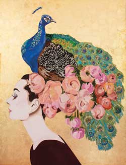 Audrey With Peacock and Flower Headdress and Gold Leaf Background