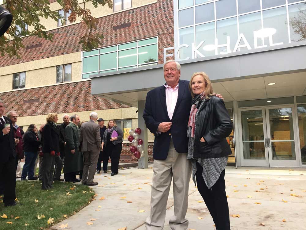 Dennis and Gretchen Eck celebrate the new entrance and improvements to the Liberal Arts Building.